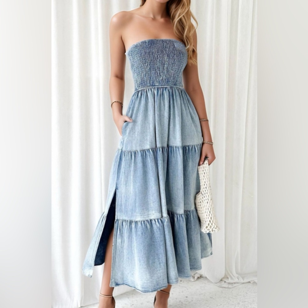 RISEN Smocked Tube Slit Tiered Elegant Blue Jean Strapless Midi Dress​